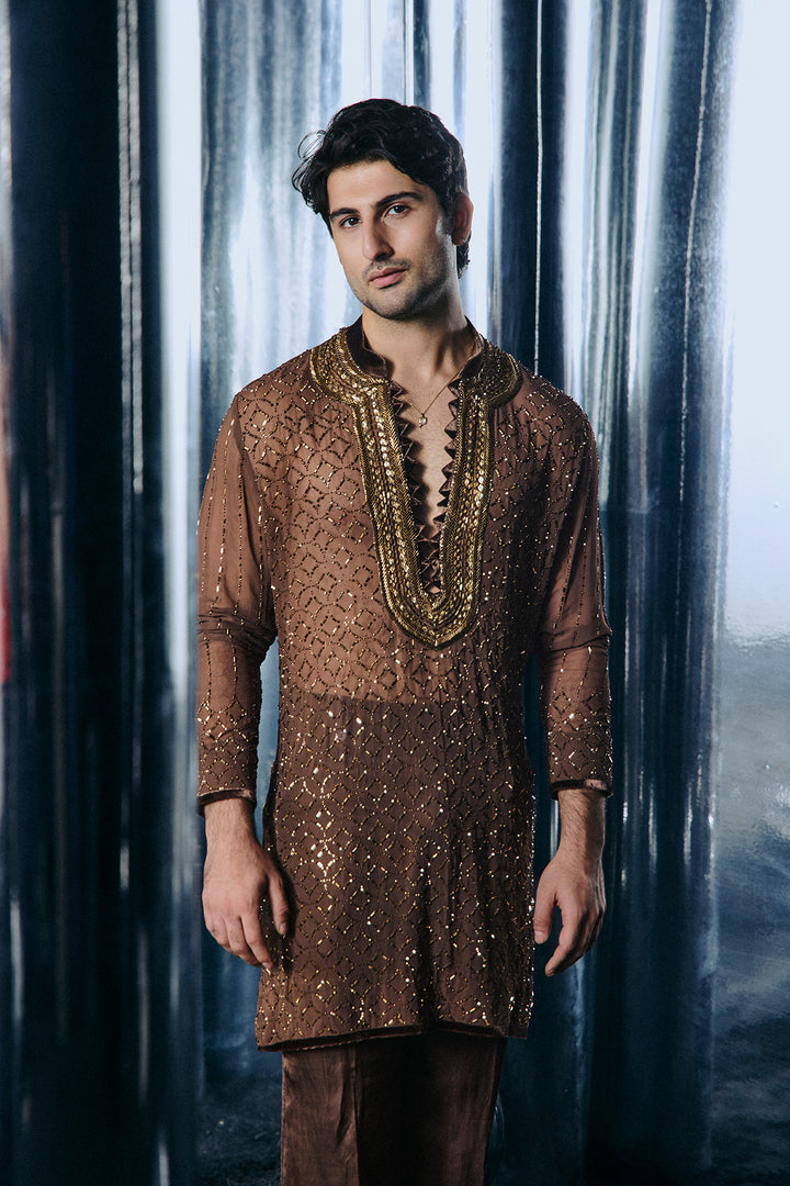 Coffee swarovski jaal kurta set
