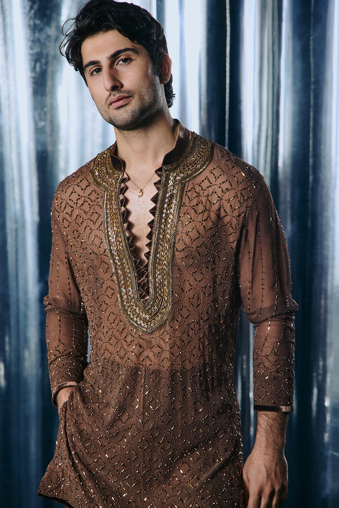 Coffee swarovski jaal kurta set