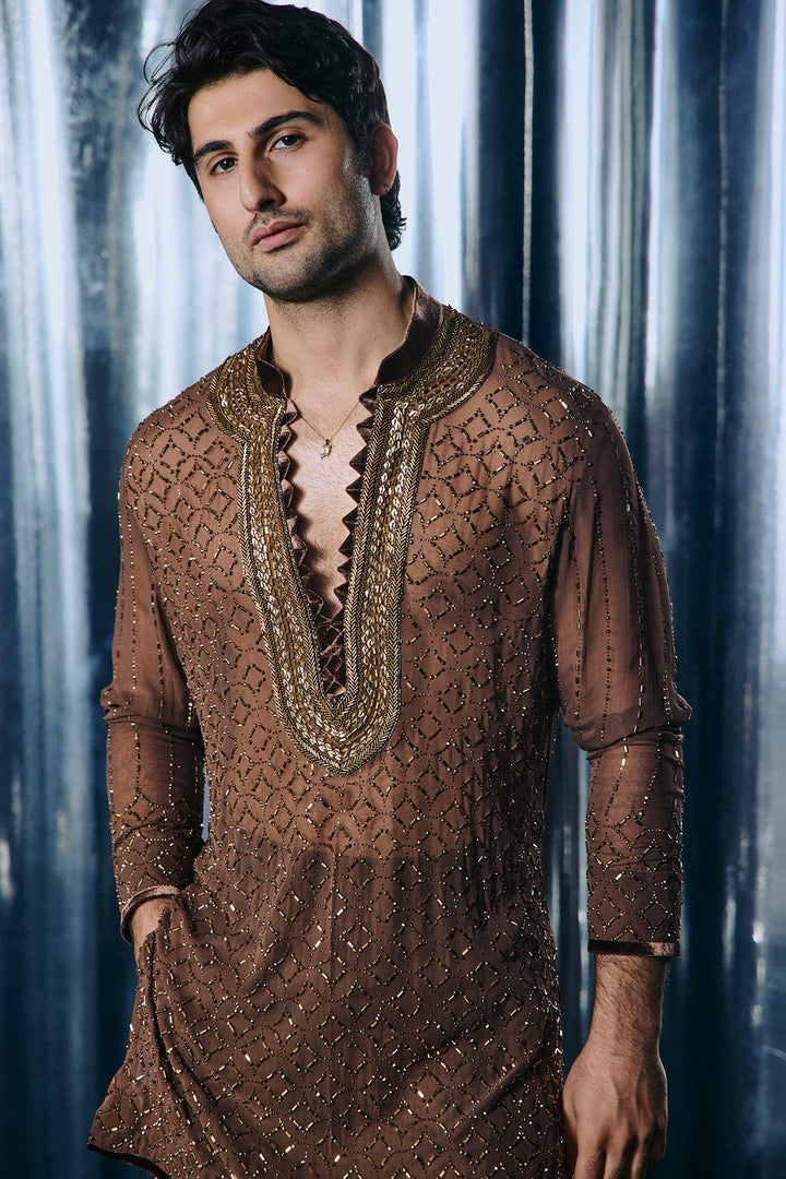 Coffee swarovski jaal kurta set