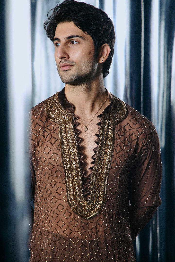 Coffee swarovski jaal kurta set