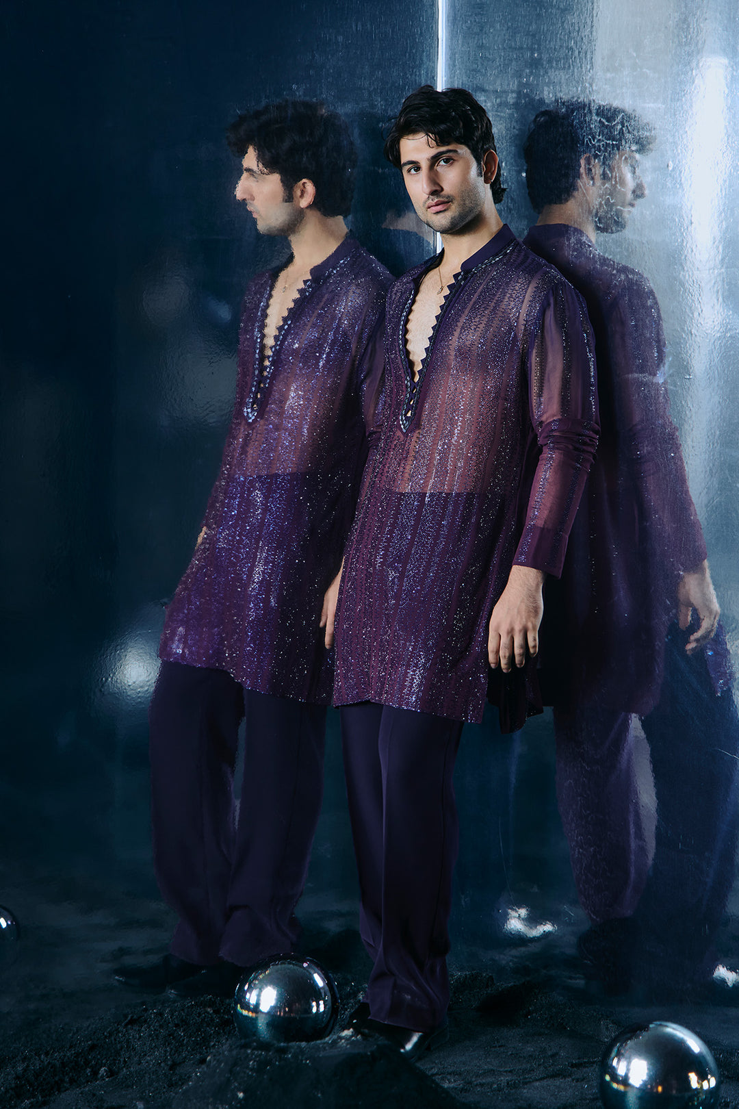 Blue to wine swarovski kurta set