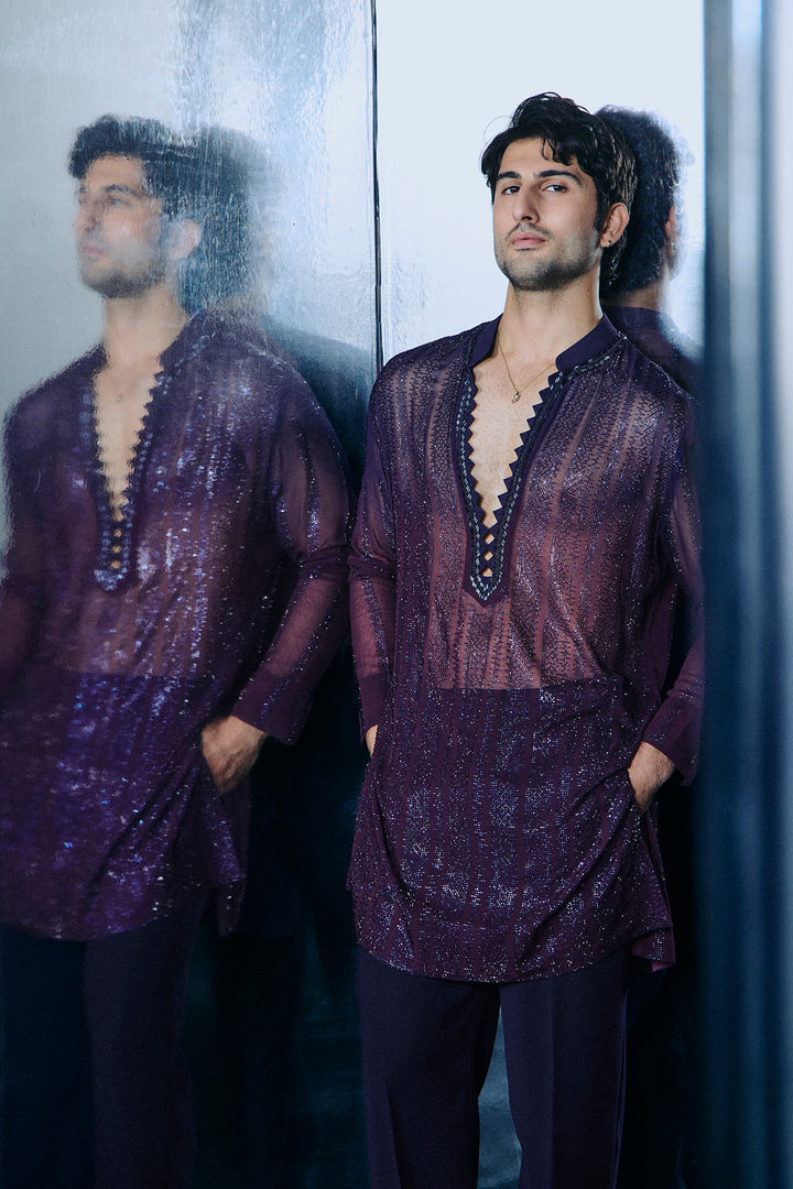 Blue to wine swarovski kurta set