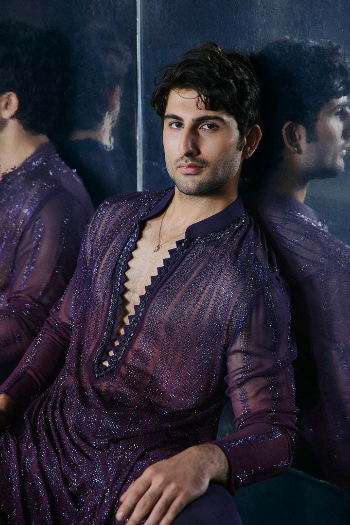 Blue to wine swarovski kurta set