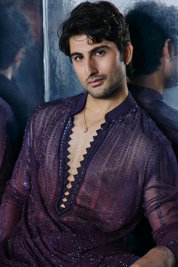 Blue to wine swarovski kurta set