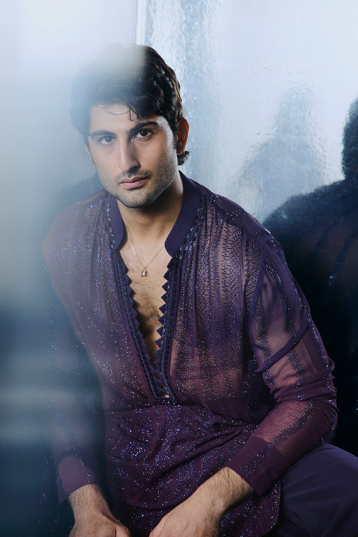 Blue to wine swarovski kurta set