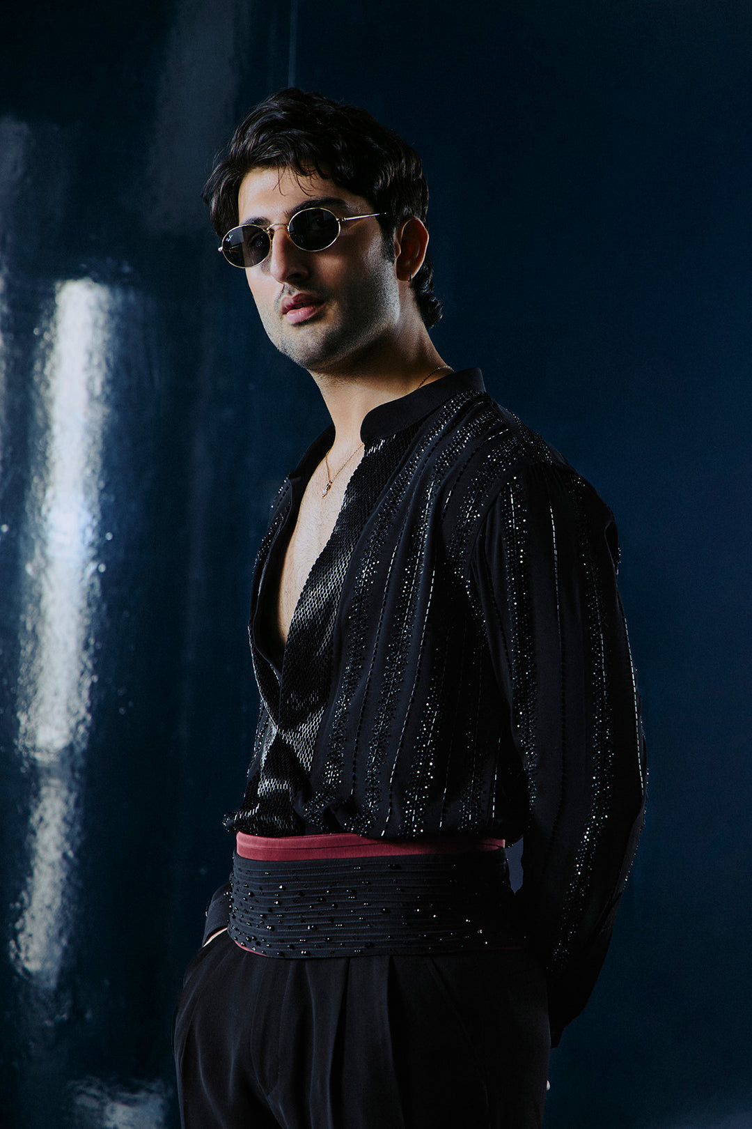 Black Cutdana swarovski lines shirt set
