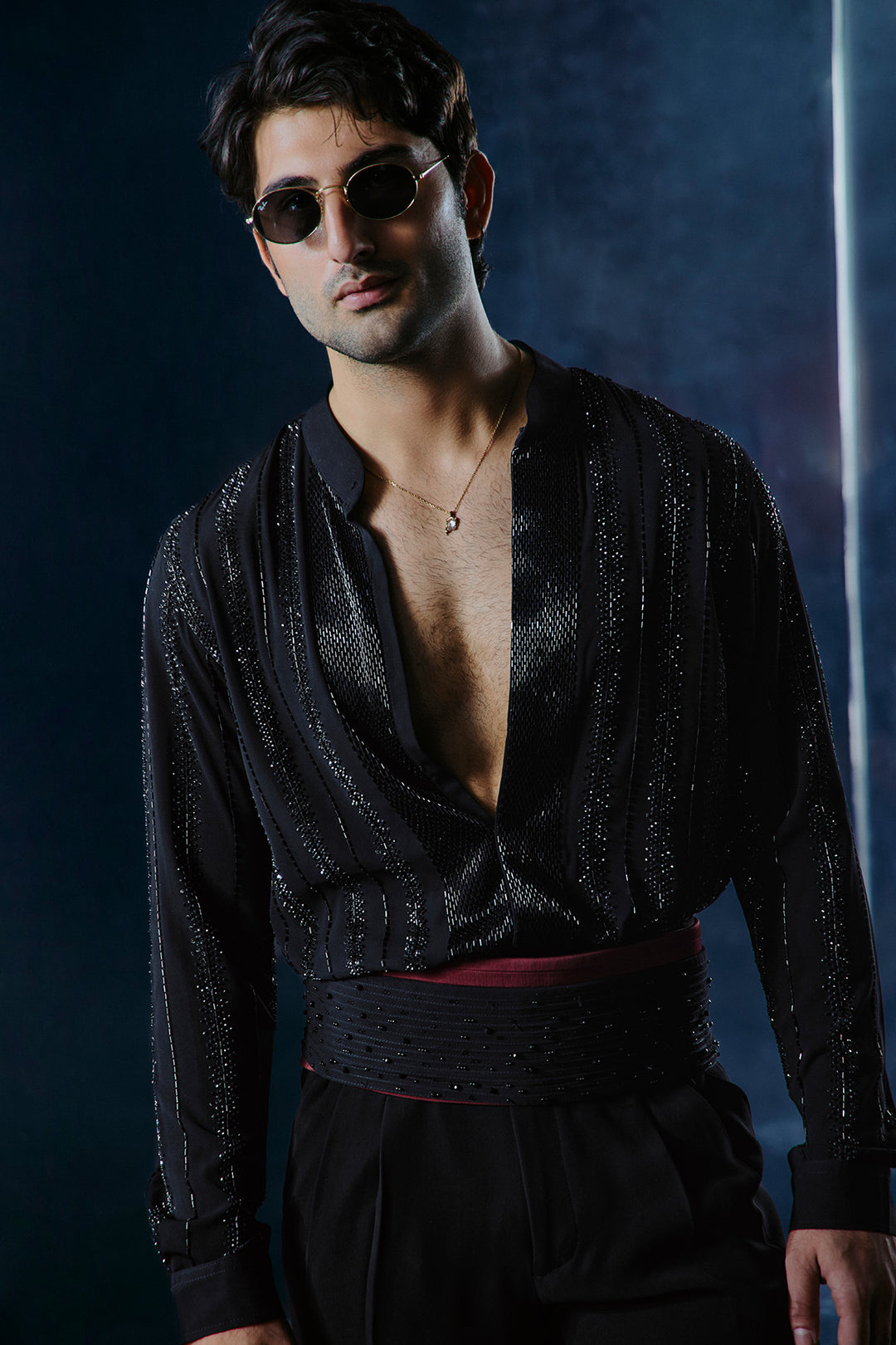 Black Cutdana swarovski lines shirt set