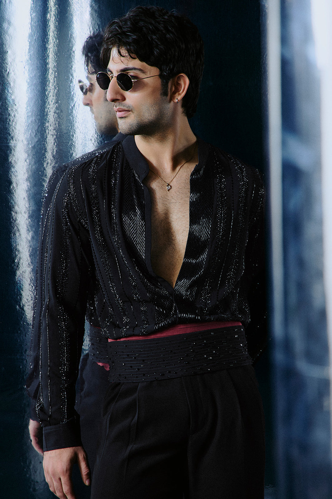 Black Cutdana swarovski lines shirt set
