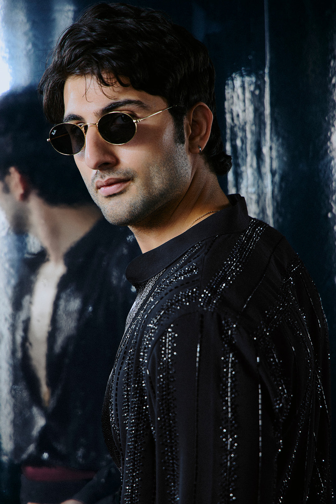 Black Cutdana swarovski lines shirt set