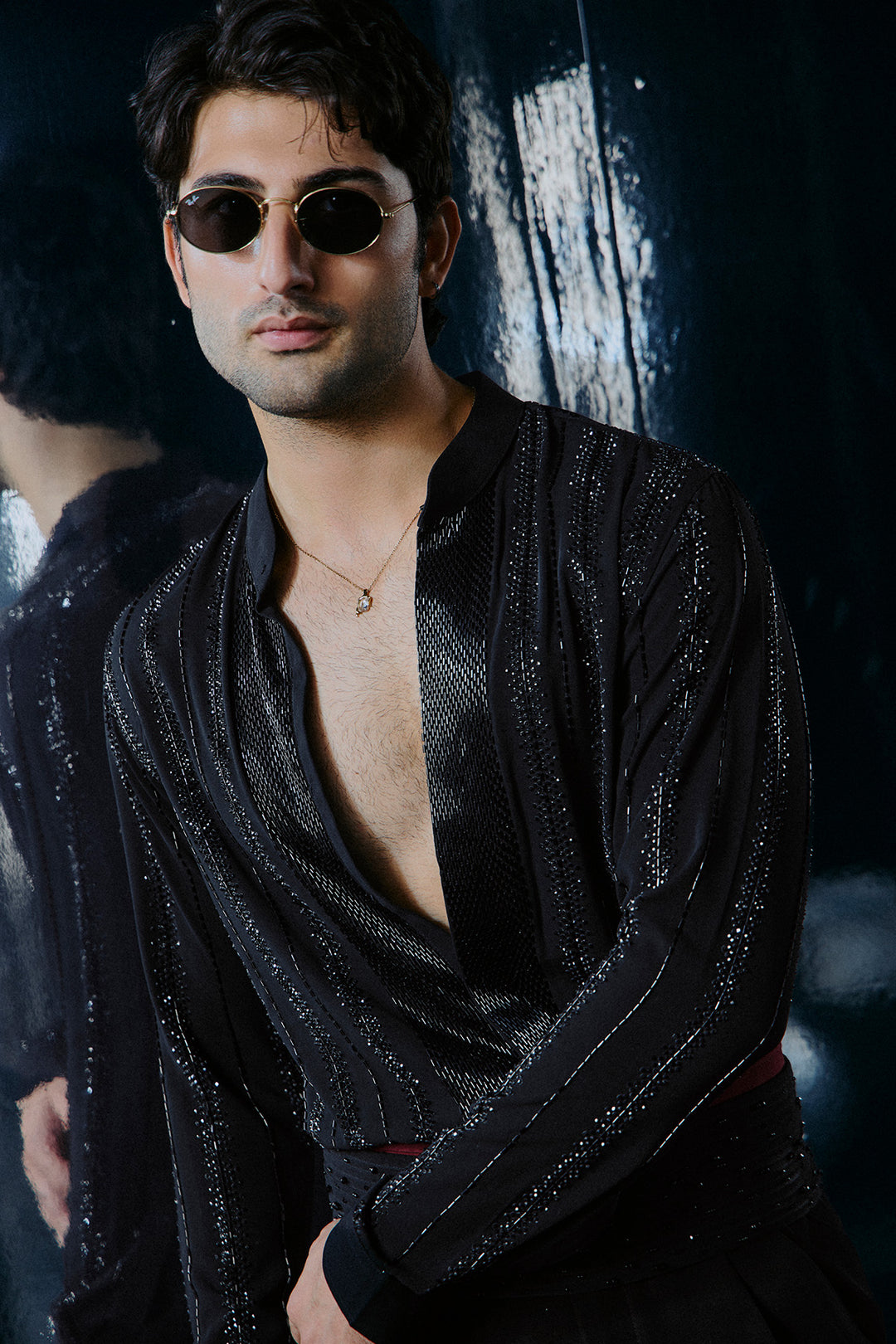 Black Cutdana swarovski lines shirt set