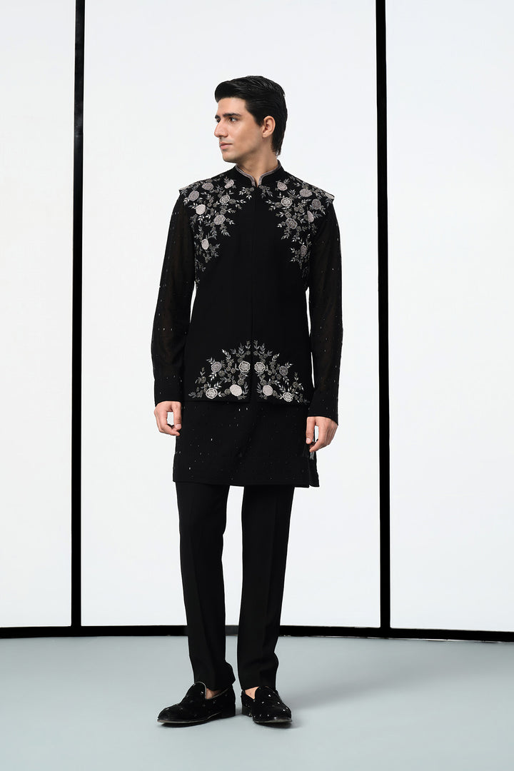 Black applique work nehru set