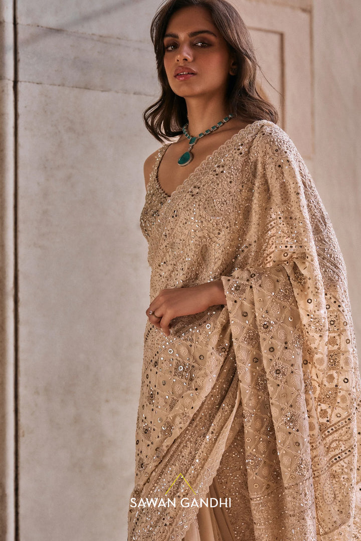 Ivory chikankari and sequin saree
