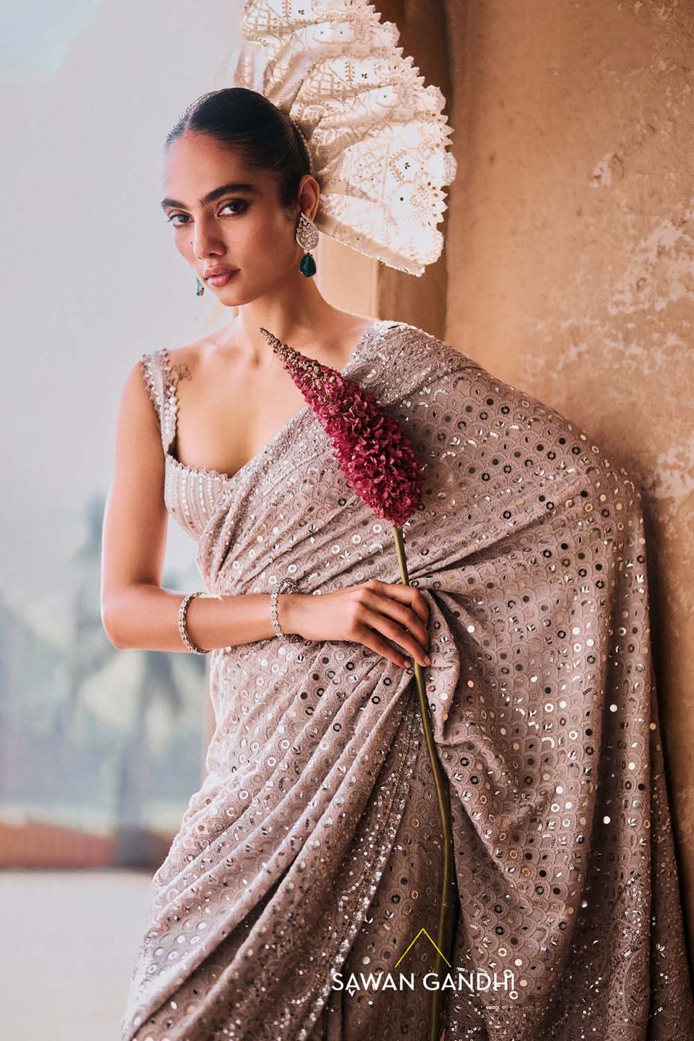 Grey chikankari saree