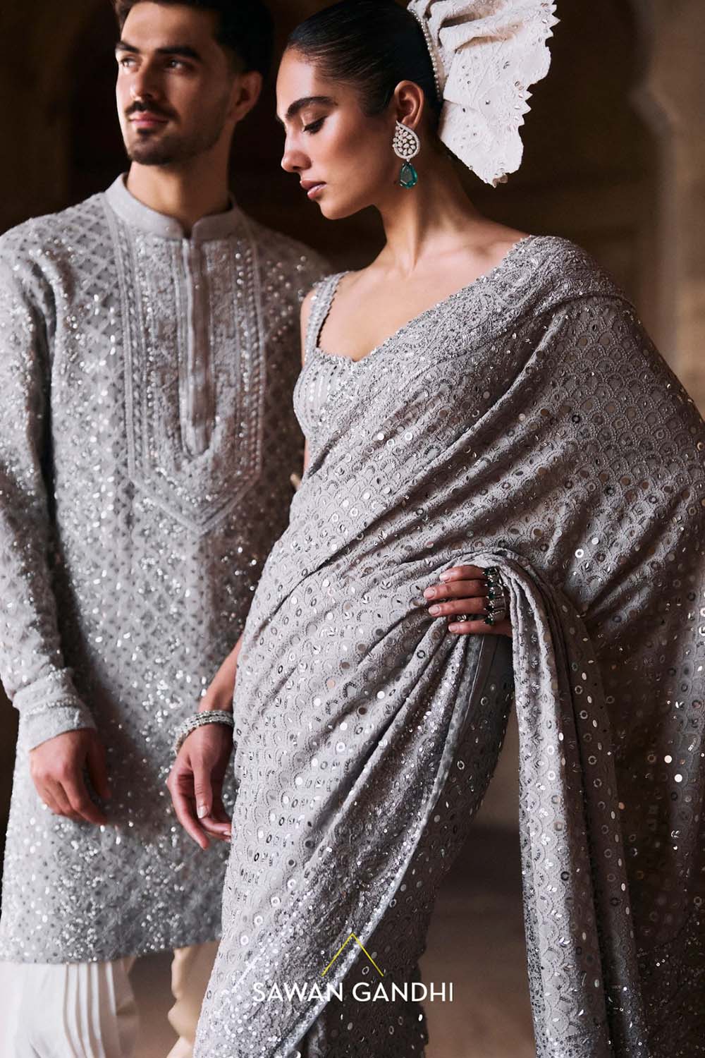 Grey chikankari saree