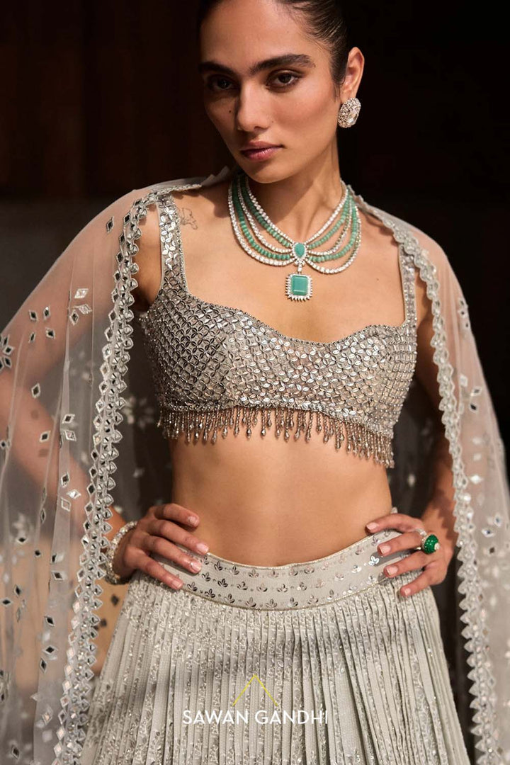 Grey Sequin And Threadwork Vines Lehenga