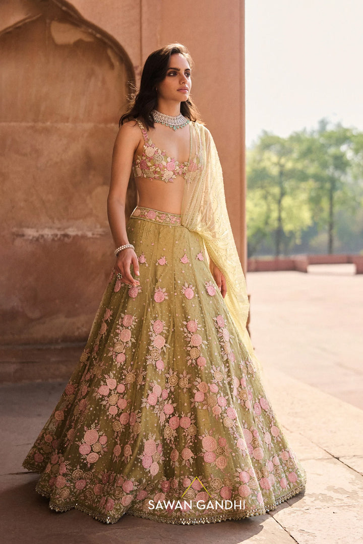 Pista Green Floral Applique Lehenga