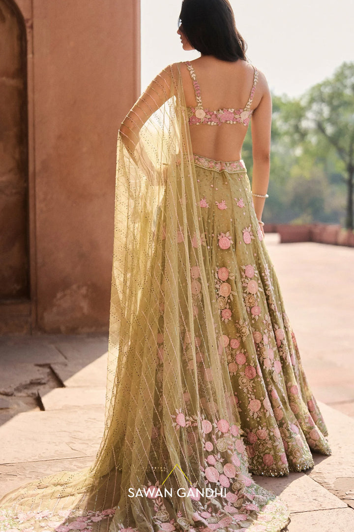 Pista Green Floral Applique Lehenga
