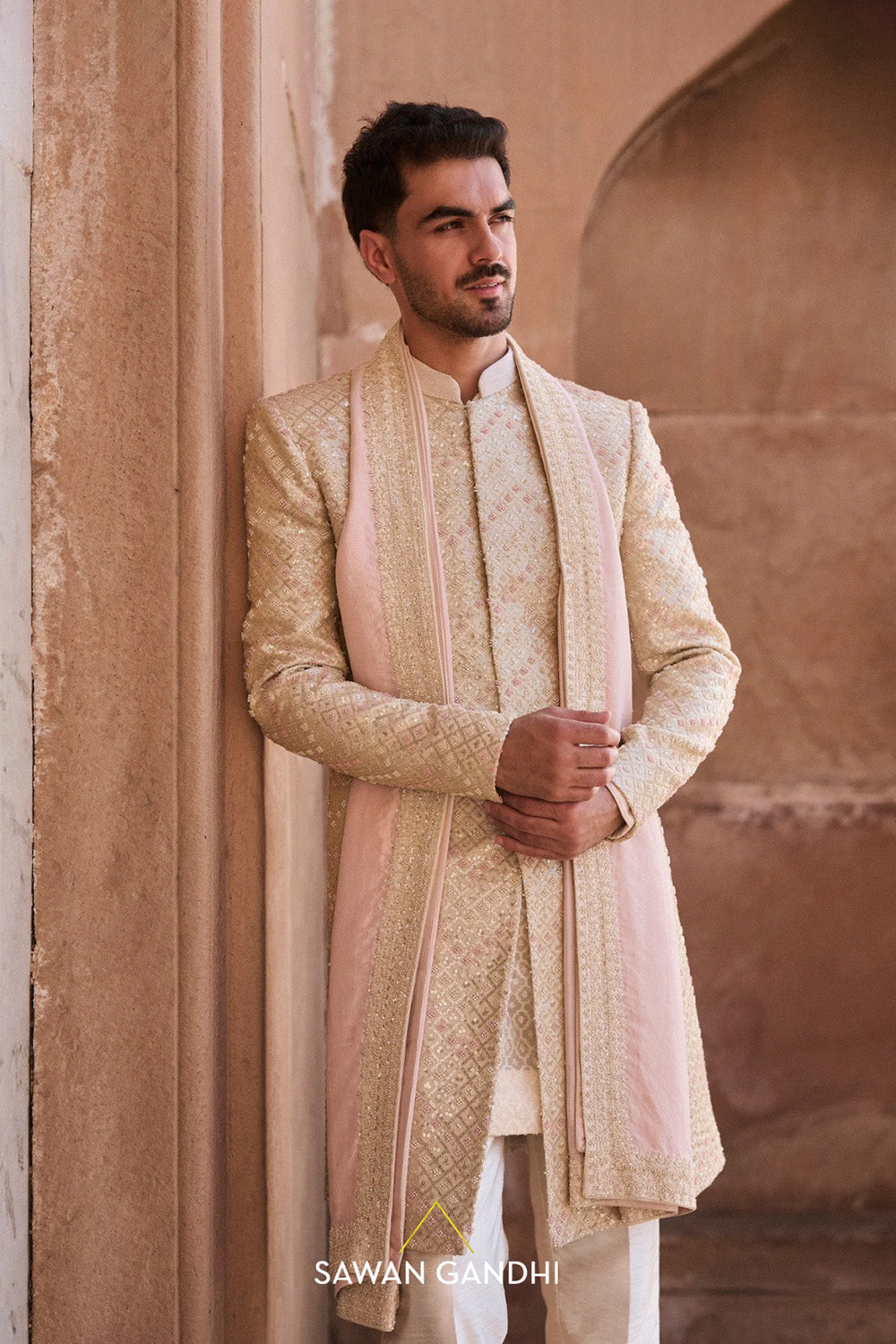 Ivory chevron sequins sherwani