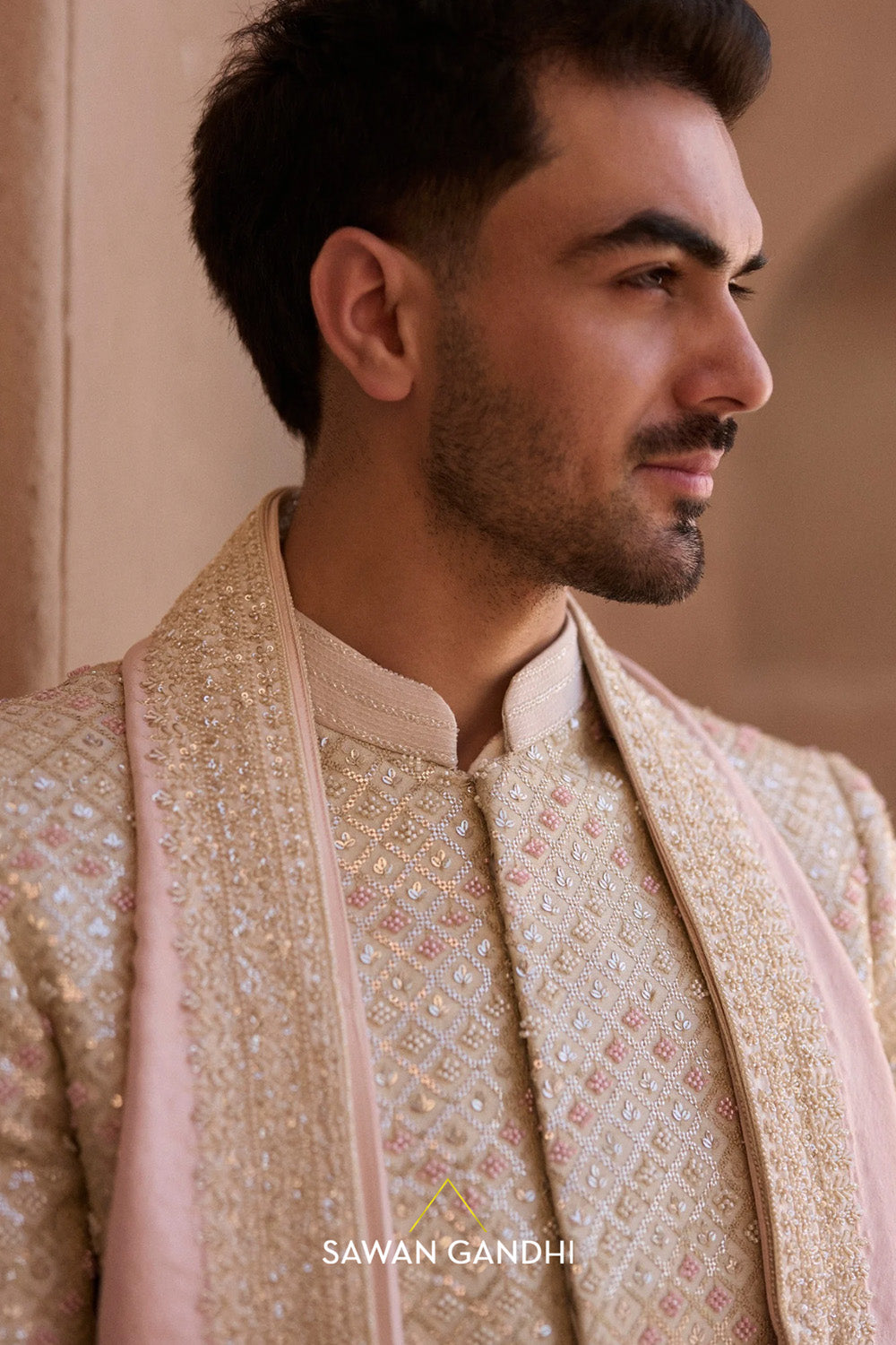 Pink dupeon silk stole with ivory border