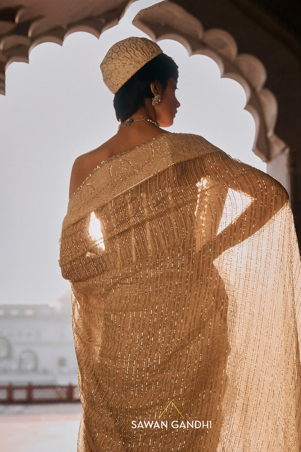Ivory Chikankari Border Ghicha Saree