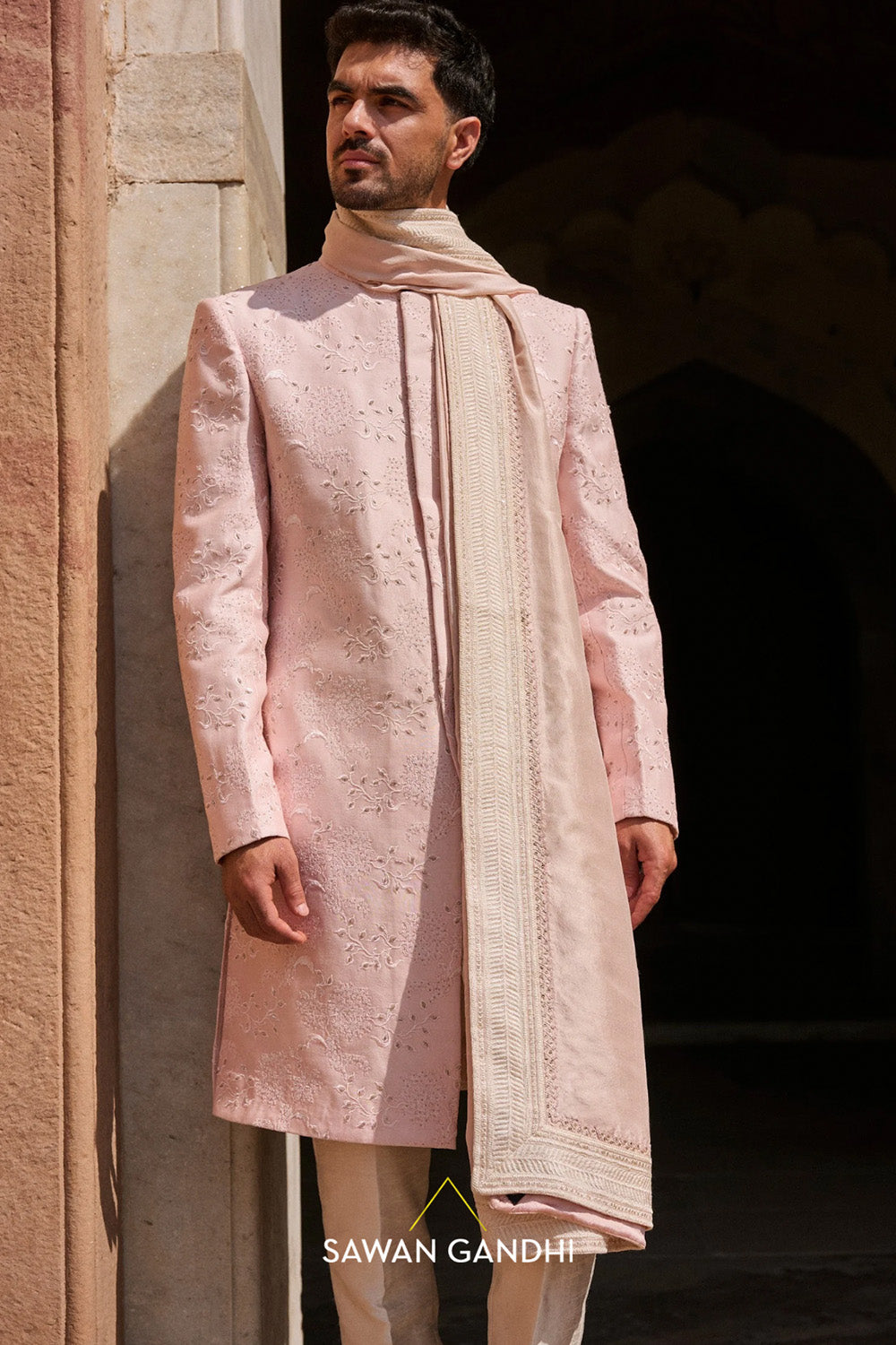 Peach dupeon silk stole with threadwork border