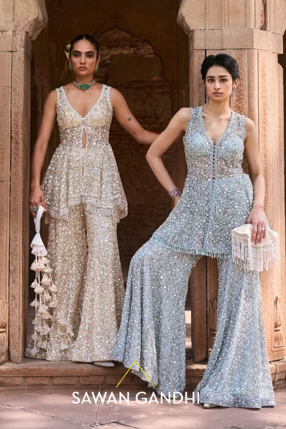 Ice Blue Cutdana And Sequins Peplum Set