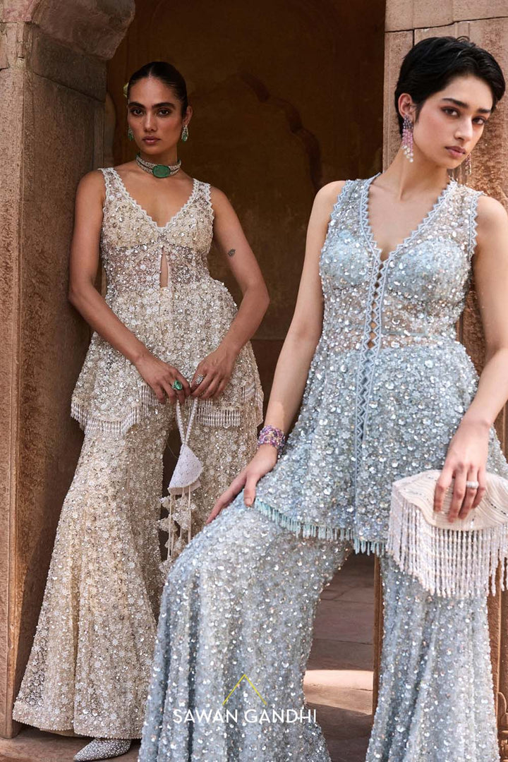 Ice Blue Cutdana And Sequins Peplum Set