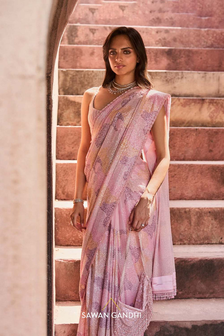 Pink Multicolor Sequins Saree