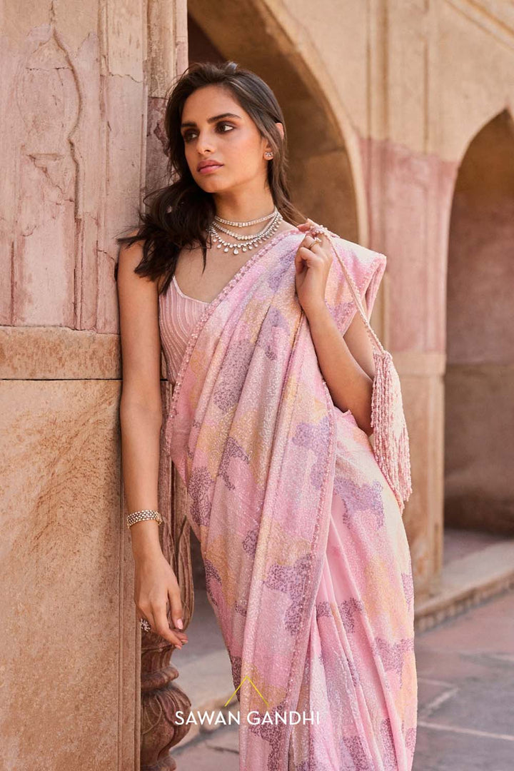 Pink Multicolor Sequins Saree