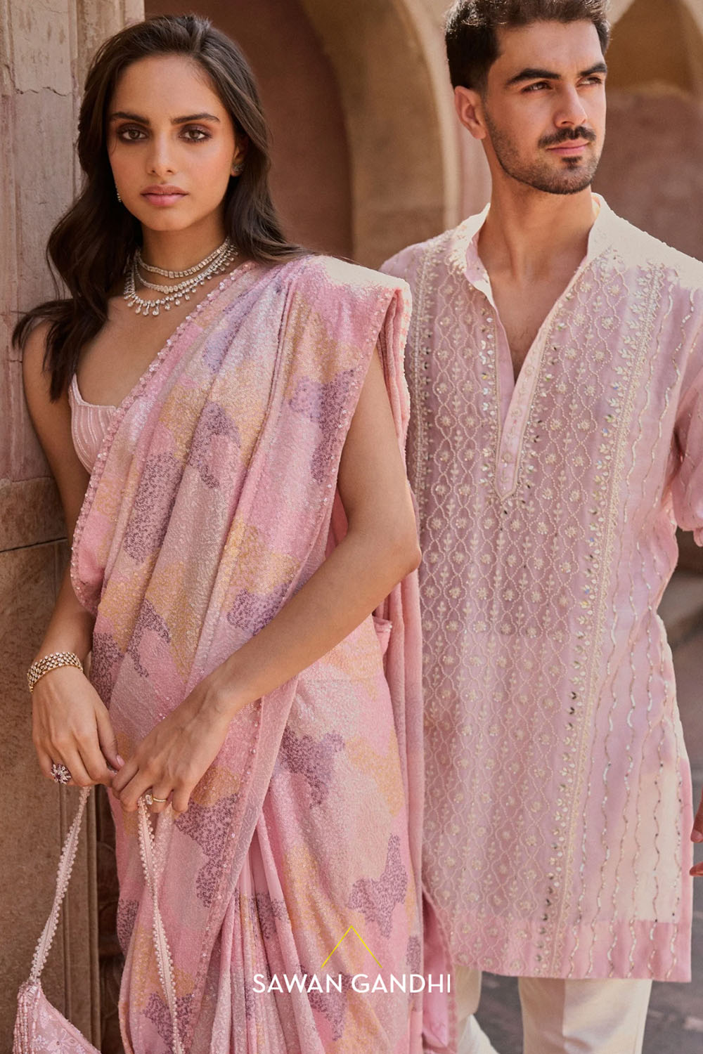Pink Multicolor Sequins Saree