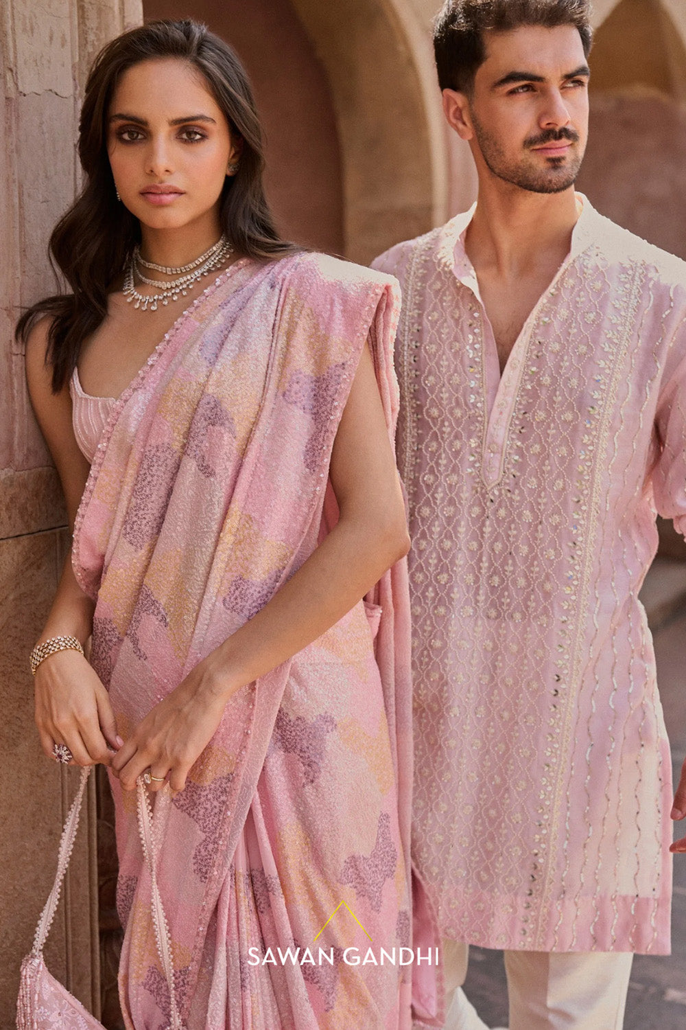 Peach pearl ,cutdana and mirror work kurta