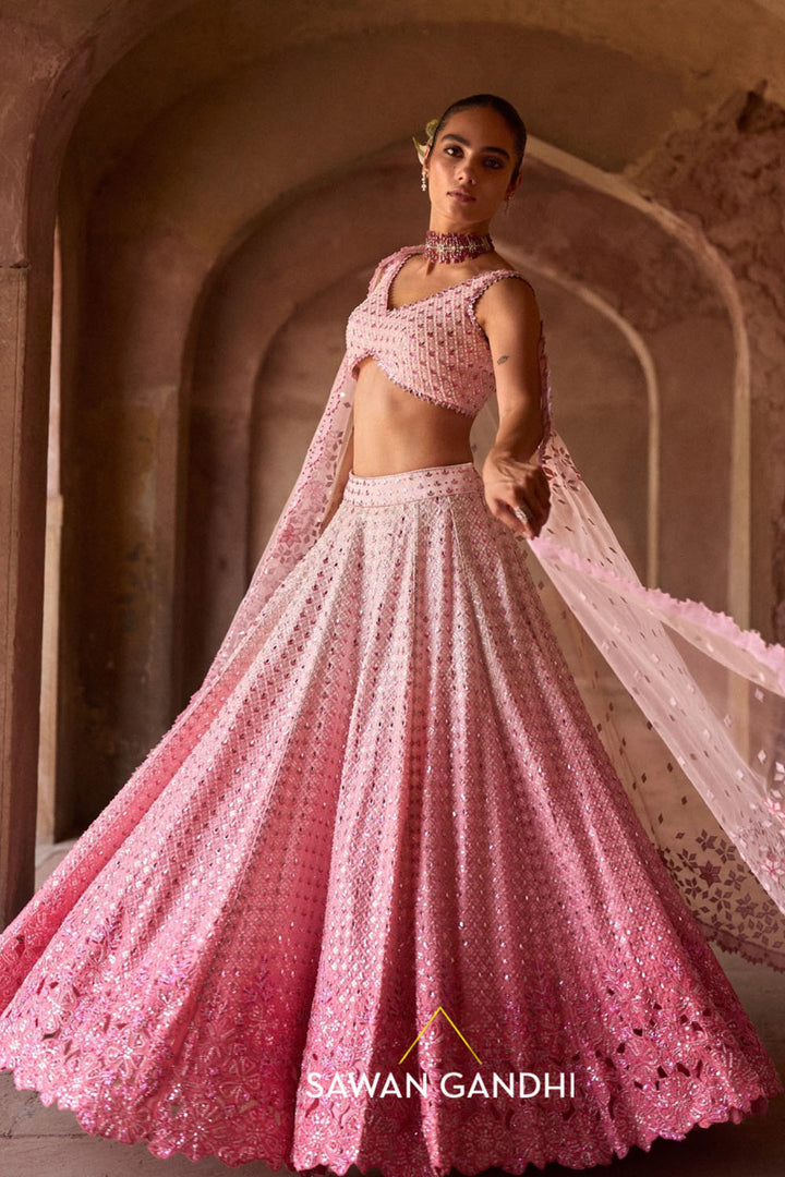 Pink Ombré Mirrorwork Lehenga