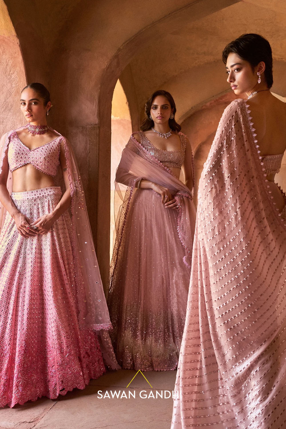Pink Ombré Mirrorwork Lehenga