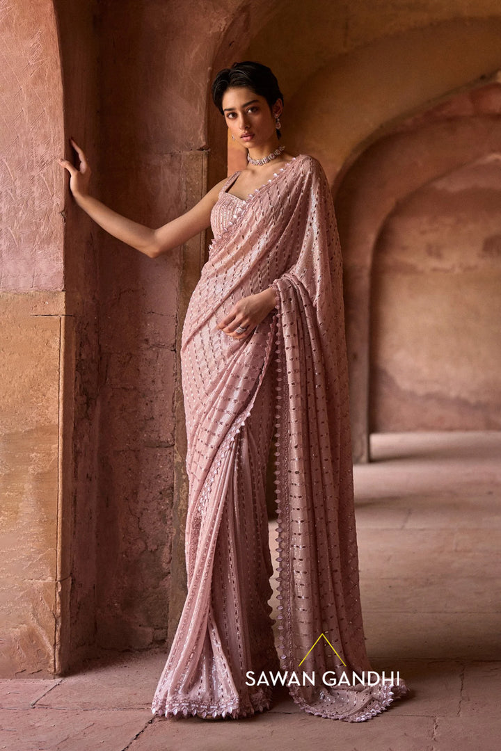Dusky Pink Sequins Cutwork Saree