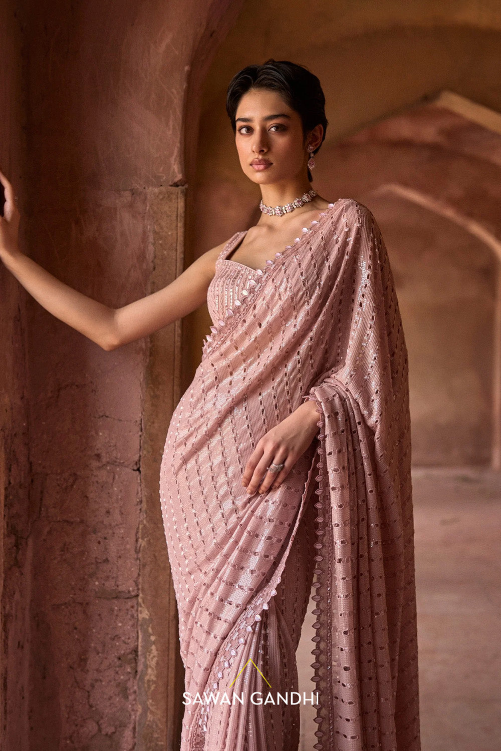 Dusky Pink Sequins Cutwork Saree