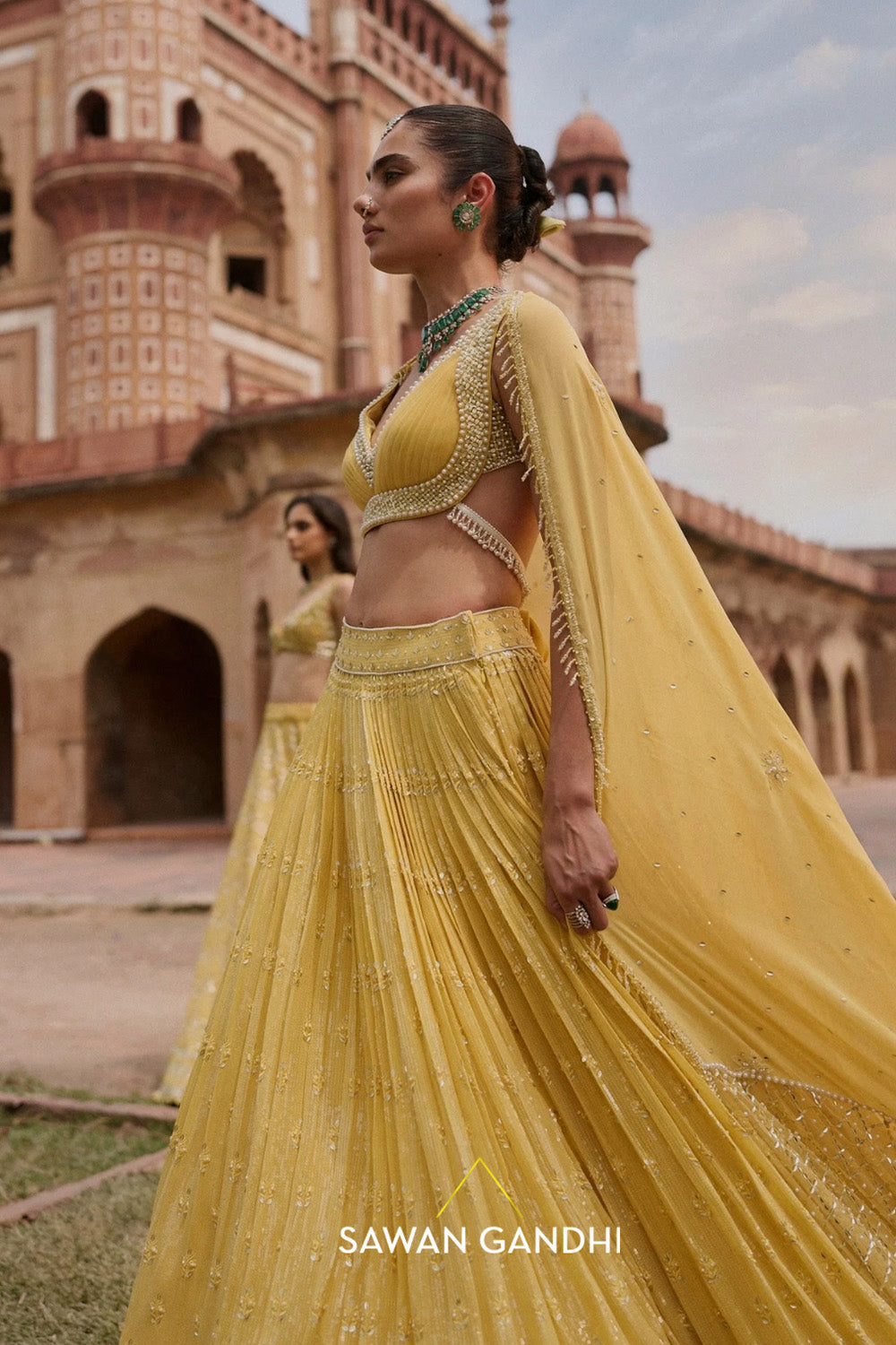 Yellow Paani Sequin Mirror Booti Lehenga