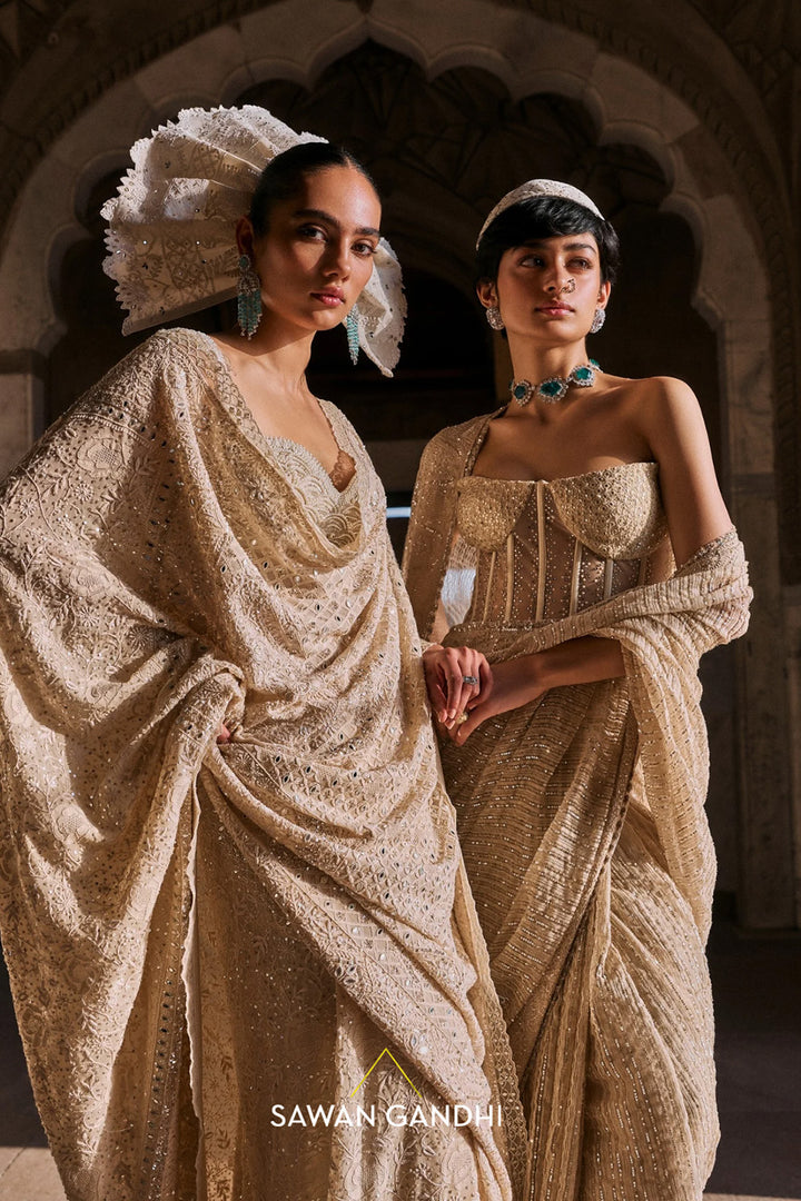 Ivory chikankari saree with pearl work blouse
