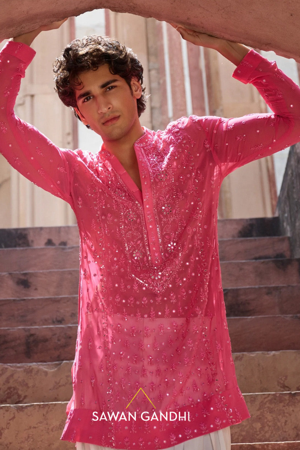 Hot pink Chikankari kurta Set