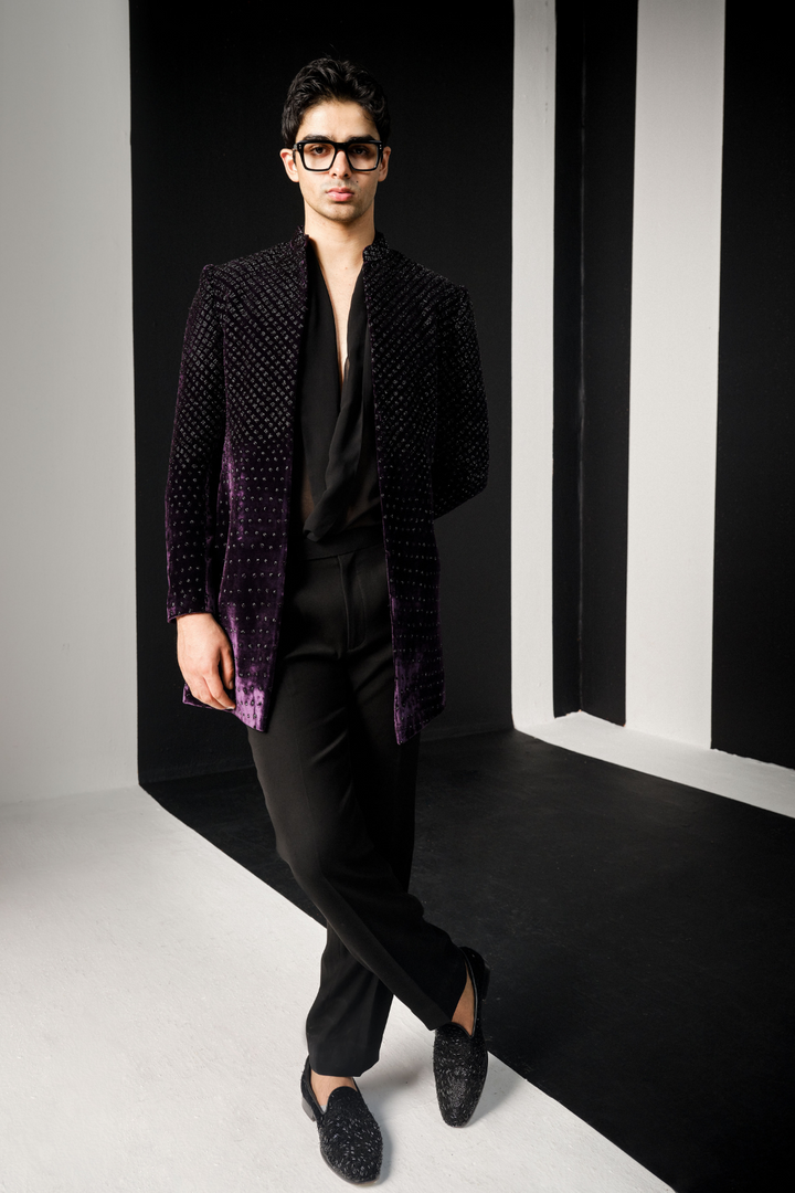 Wine cutdana velvet sherwani