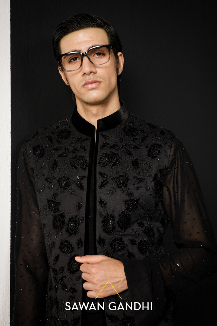Black applique nehru jacket