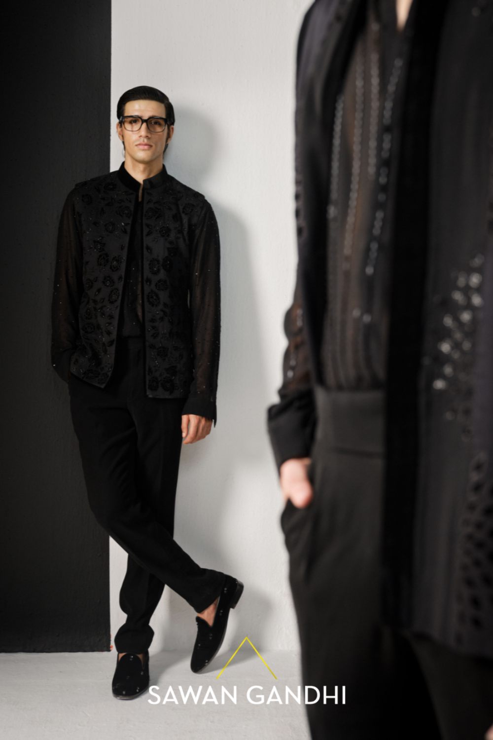Black applique nehru jacket