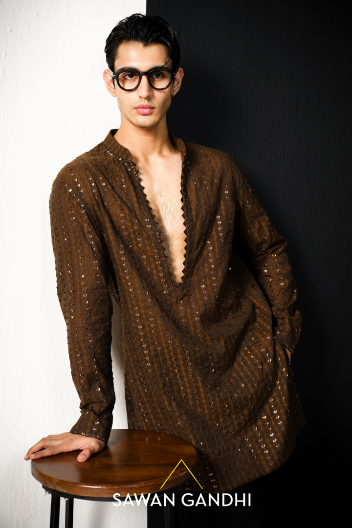 espresso brown chanderi kurta with patra work