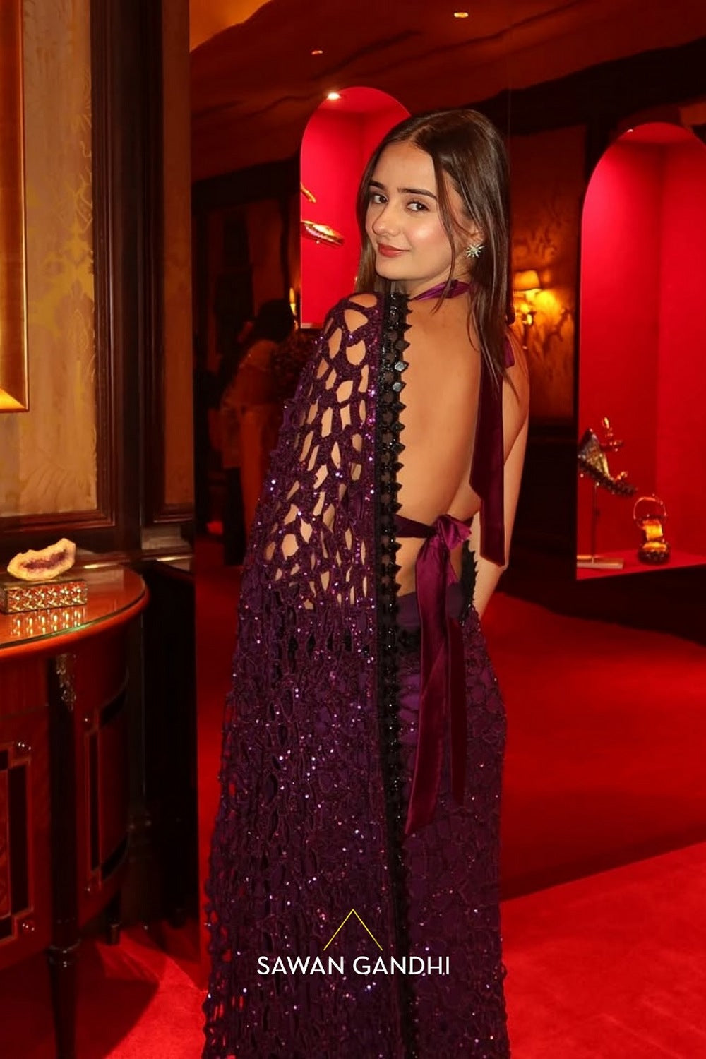 Anushka Mehra in Purple to black ombre cutwork saree