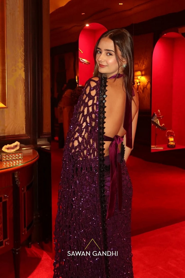 Anushka Mehra in Purple to black ombre cutwork saree