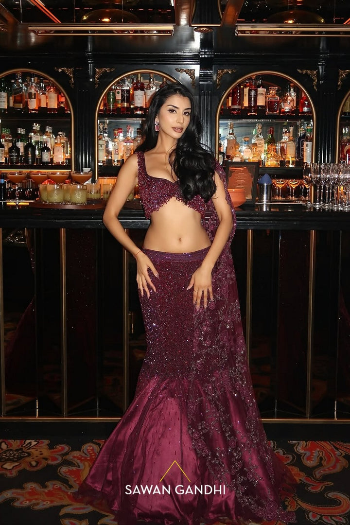 Archana Gosai in Wine Fishcut Swarosvki Lehenga