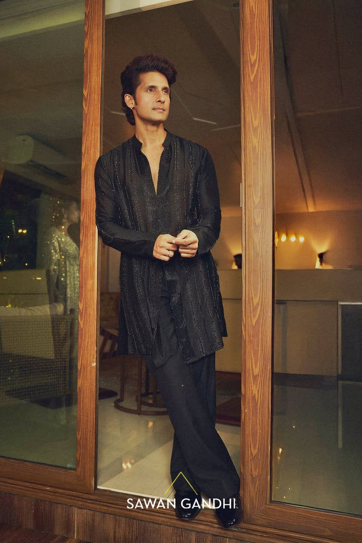Ravi Dubey in Black Cutdana Stripes Kurta