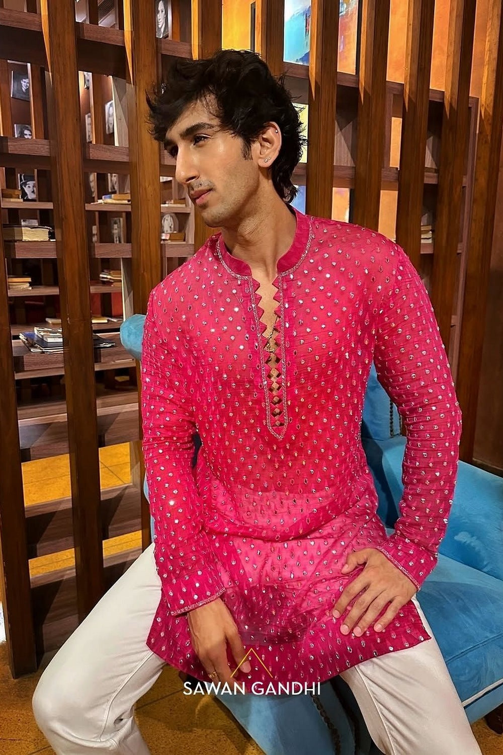 Moses Koul in Hot Pink Patra Work Kurta