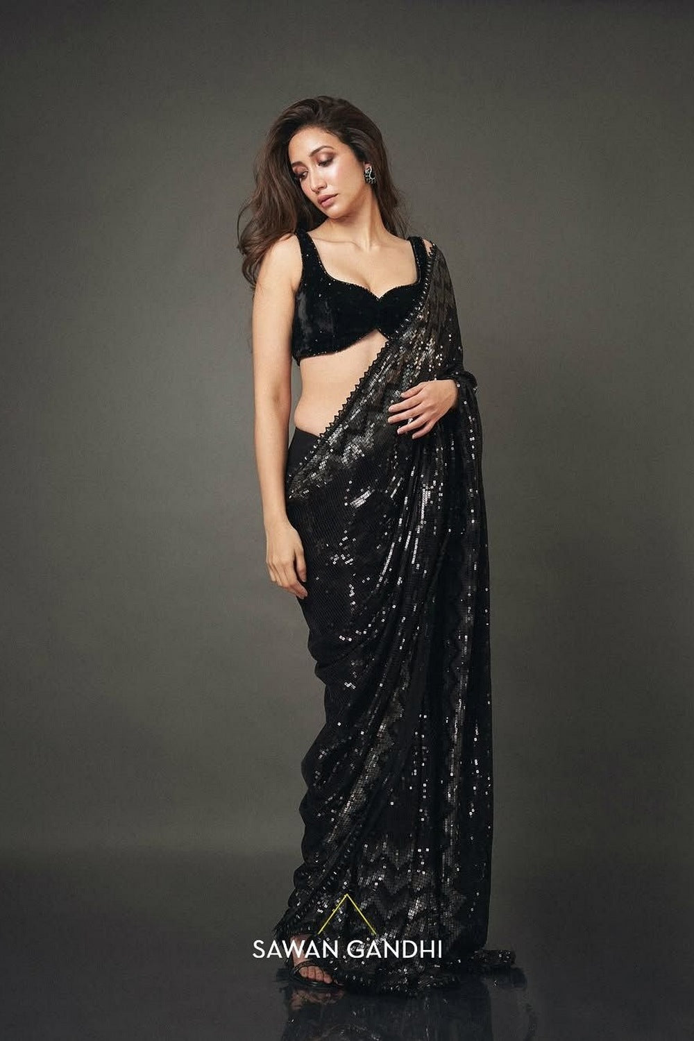 Shreya Chaudhry in Black Silver Chevron Sequin Saree