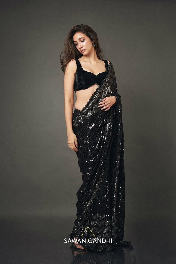 Shreya Chaudhry in Black Silver Chevron Sequin Saree