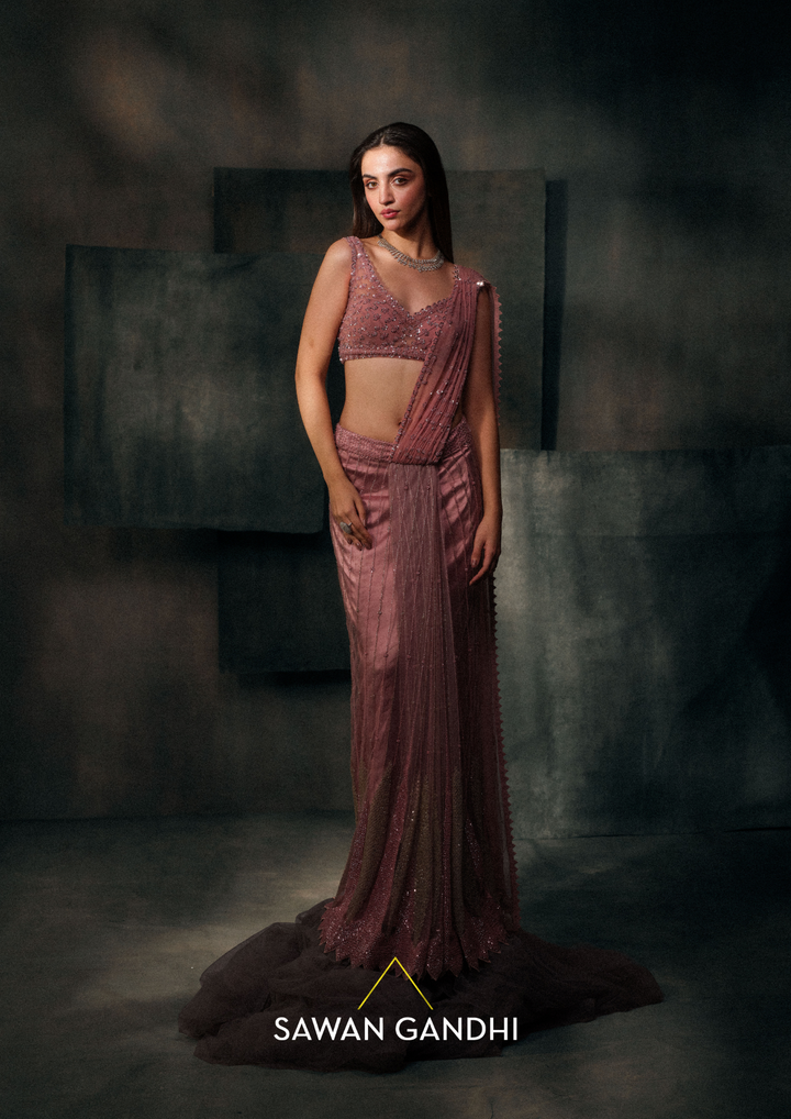 Dusty rose pink sequins and cutdana drape saree